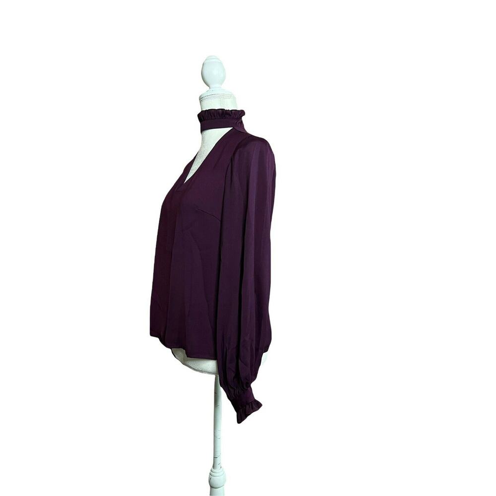 Nanette Lepore Solid Ruffled blouse Satin Smocked Deep V Purple Sz Small - Picture 2 of 9